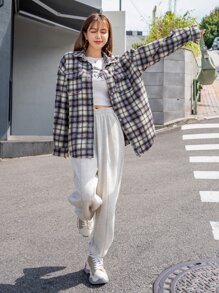 DAZY 格紋翻蓋口袋大碼花呢外套 - 彩色 - 查看 4