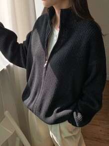 DAZY Ribbed Knit Drop Shoulder Zip Up Cardigan - Black - View 1