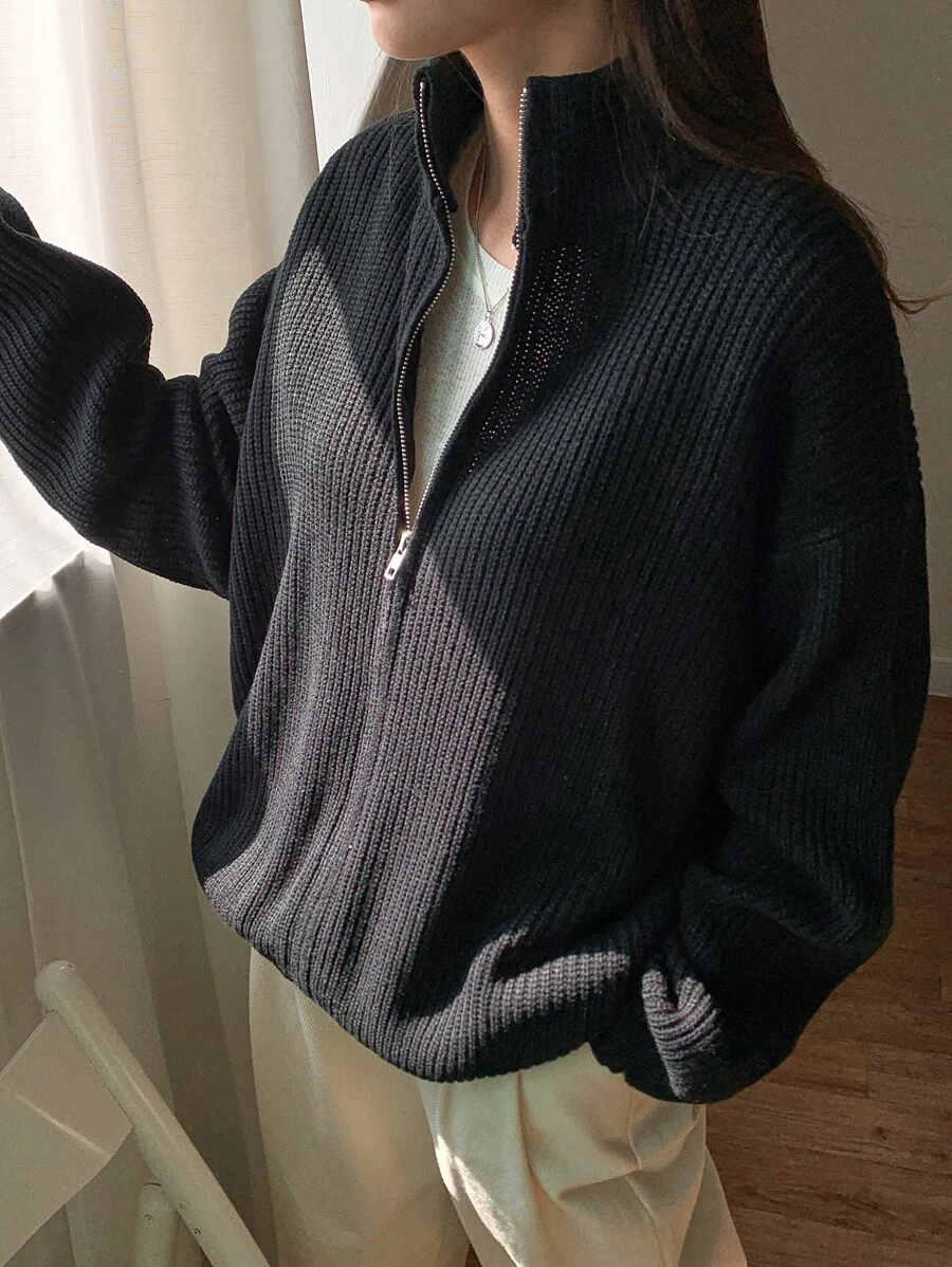 DAZY Ribbed Knit Drop Shoulder Zip Up Cardigan - Black - View 1