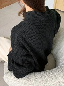 DAZY Ribbed Knit Drop Shoulder Zip Up Cardigan - Black - View 2