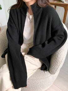DAZY Ribbed Knit Drop Shoulder Zip Up Cardigan - Black - View 3