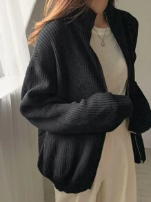 DAZY Ribbed Knit Drop Shoulder Zip Up Cardigan - Black - View 4