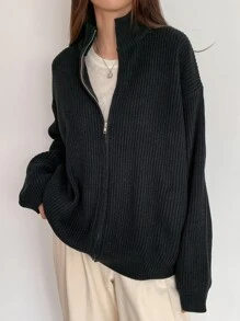 DAZY Ribbed Knit Drop Shoulder Zip Up Cardigan - Black - View 5