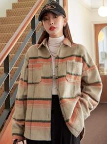 DAZY Plaid Double Pocket Drop Shoulder Overcoat - Multicolor - View 1