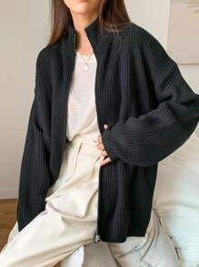 DAZY Ribbed Knit Drop Shoulder Zip Up Cardigan - Black - View 6