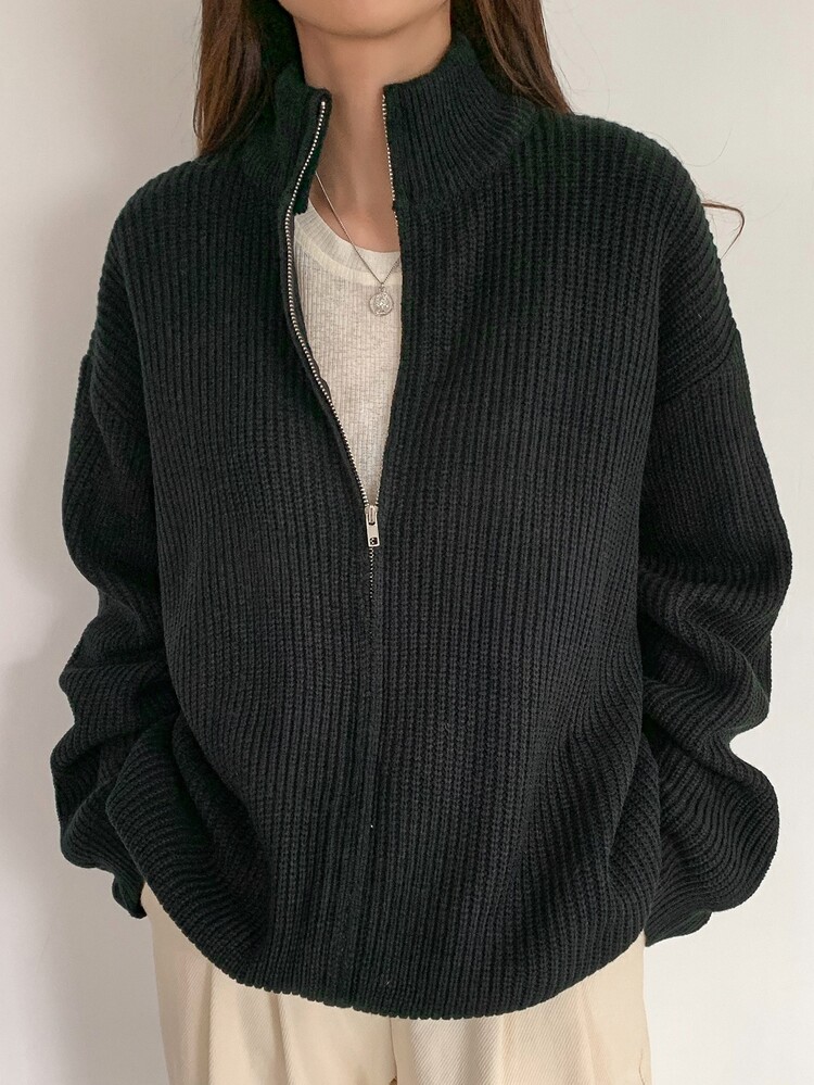 DAZY Ribbed Knit Drop Shoulder Zip Up Cardigan - Black - View 9