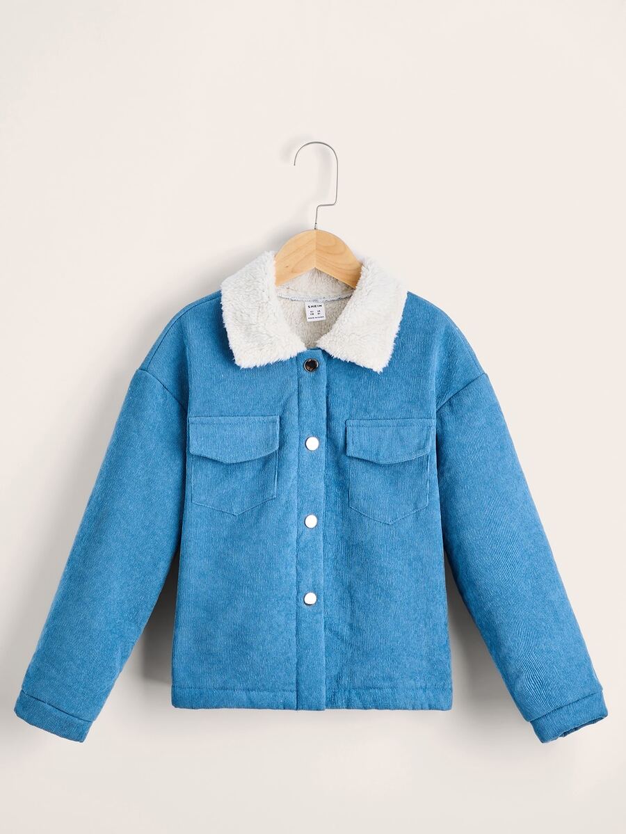 SHEIN 女孩落肩袖翻蓋口袋絨毛內襯燈芯絨大衣