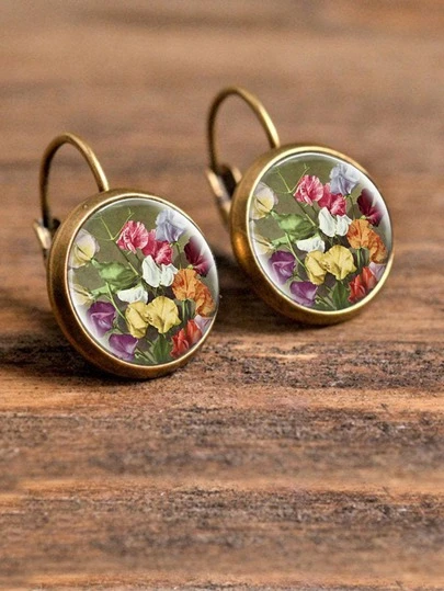 1 pieza Pendientes redondos colgantes con estampado de flores, joyería de cobre para el Día de San Valentín