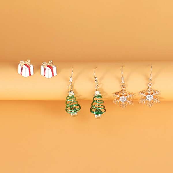 

3pairs Christmas Tree & Snowflake Decor Earrings, Multicolor