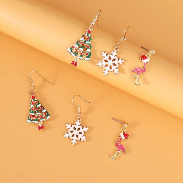 

3pairs Christmas Tree & Snowflake Decor Drop Earrings, Multicolor
