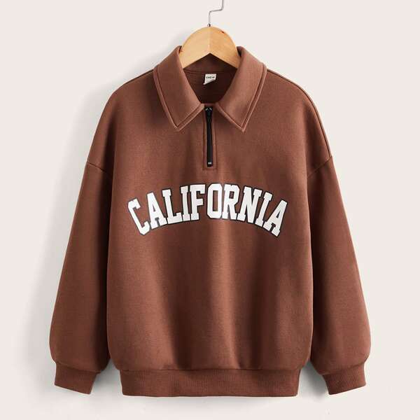 

Girls Letter Graphic Drop Shoulder Quarter Zip Thermal Sweatshirt, Brown