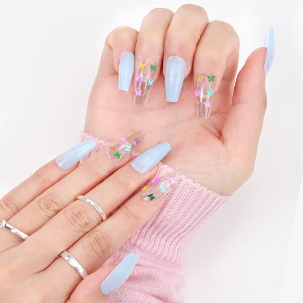 

24pcs Butterfly Print Fake Nail & 1sheet Tape & 1pc Nail File, Multicolor