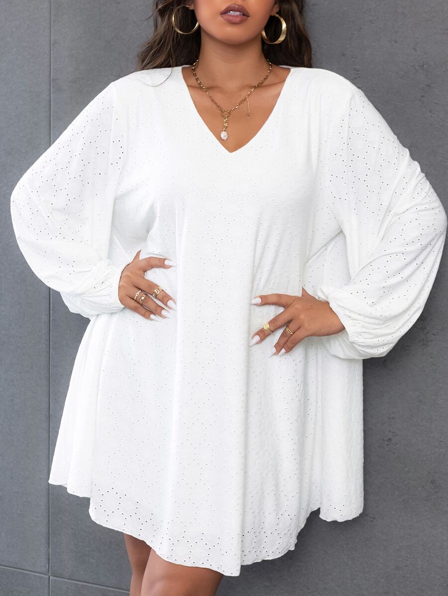 SHEIN LUNE Plus V Neck Bishop Sleeve Tee Dress - White - View 1