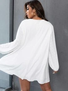 SHEIN LUNE Plus V Neck Bishop Sleeve Tee Dress - White - View 2