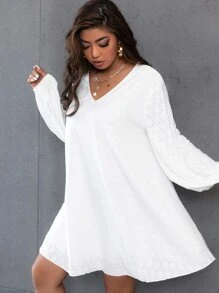 SHEIN LUNE Plus V Neck Bishop Sleeve Tee Dress - White - View 3