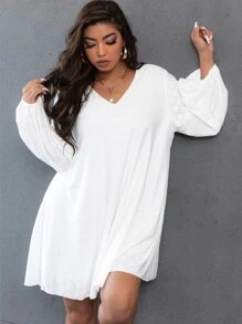 SHEIN LUNE Plus V Neck Bishop Sleeve Tee Dress - White - View 4