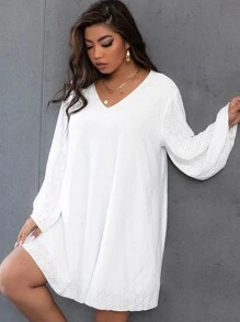 SHEIN LUNE Plus V Neck Bishop Sleeve Tee Dress - White - View 6