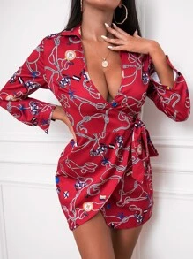 SHEIN SXY 繩索和船錨圖案側打結圍裹式連衣裙 - 酒紅色 - 查看 6