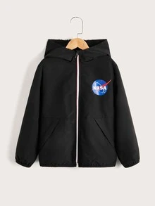 SHEIN Boys Letter & Logo Print Zipper Hooded Teddy Lined Jacket - Black - View 3