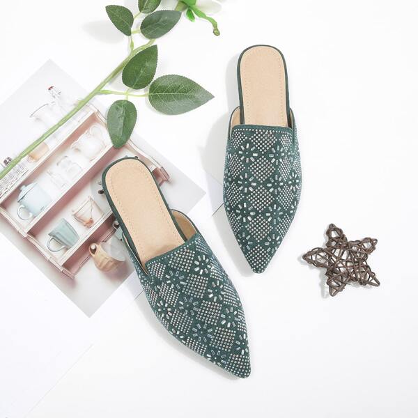 

Rhinestone Decor Point Toe Flat Mules, Green