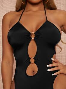 SHEIN SXY 圓形扣環鏤空後背繫帶吊脖緊身洋裝 - 黑色 - 查看 5