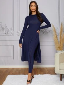 Modelyn Solid Split Thigh Top & Leggings - Navy Blue - View 2