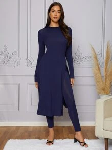 Modelyn Solid Split Thigh Top & Leggings - Navy Blue - View 1