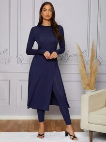 Modelyn Solid Split Thigh Top & Leggings - Navy Blue - View 4