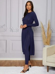 Modelyn Solid Split Thigh Top & Leggings - Navy Blue - View 5