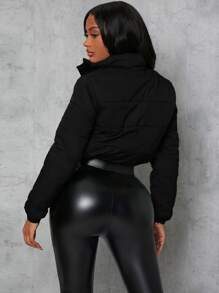 SHEIN SXY Sexy Zip Up Drawstring Crop Padded Coat In Fall/Winter - Black - View 2