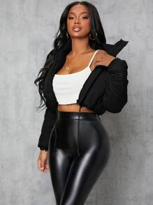 SHEIN SXY Sexy Zip Up Drawstring Crop Padded Coat In Fall/Winter - Black - View 5