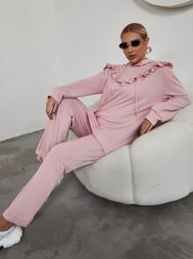 荷葉邊落肩袖抽繩連帽衫和接縫細節長褲 - 粉色 - 查看 1