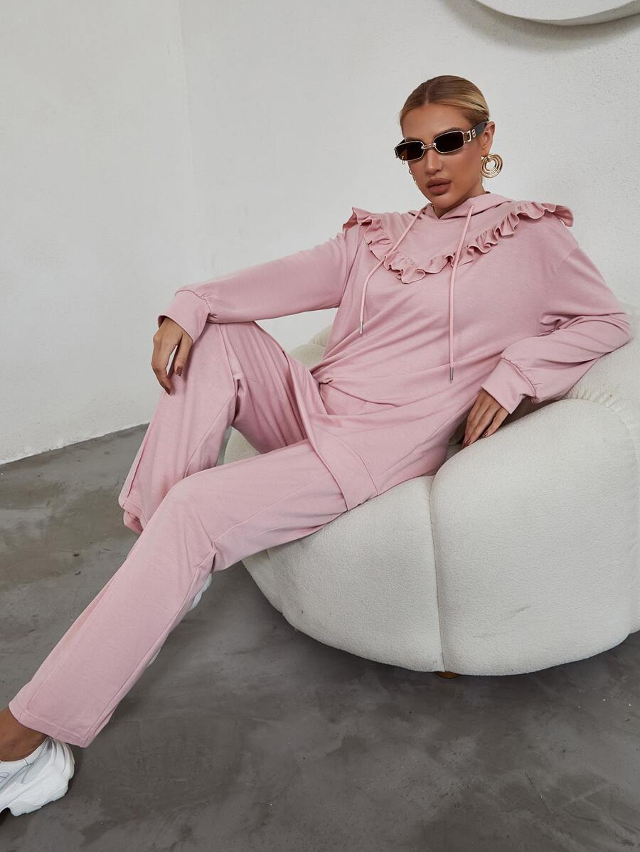 荷葉邊落肩袖抽繩連帽衫和接縫細節長褲 - 粉色 - 查看 1