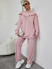 荷葉邊落肩袖抽繩連帽衫和接縫細節長褲 - 粉色 - 查看 3