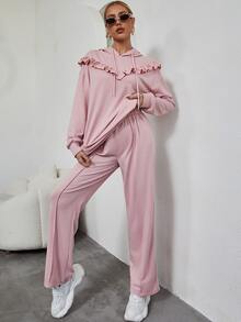 荷葉邊落肩袖抽繩連帽衫和接縫細節長褲 - 粉色 - 查看 5