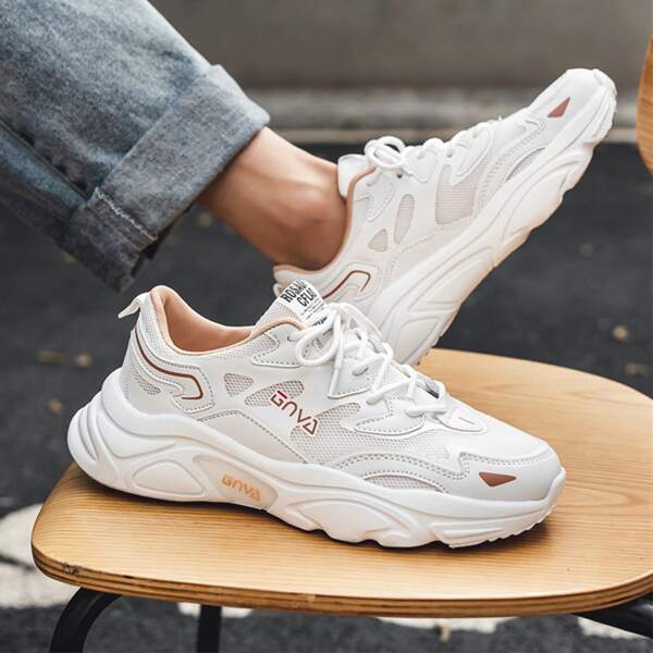 

Men Letter Patch Mesh Panel Sneakers, White