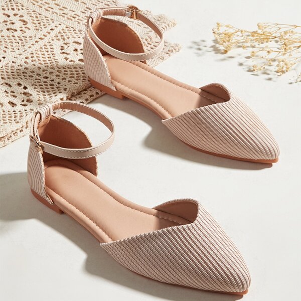 

Minimalist Textured Ankle Strap Flats, Apricot