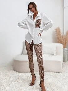 SHEIN LUNE Contrast Pocket Patched Blouse & Snakeskin Print Leggings - Multicolor - View 6