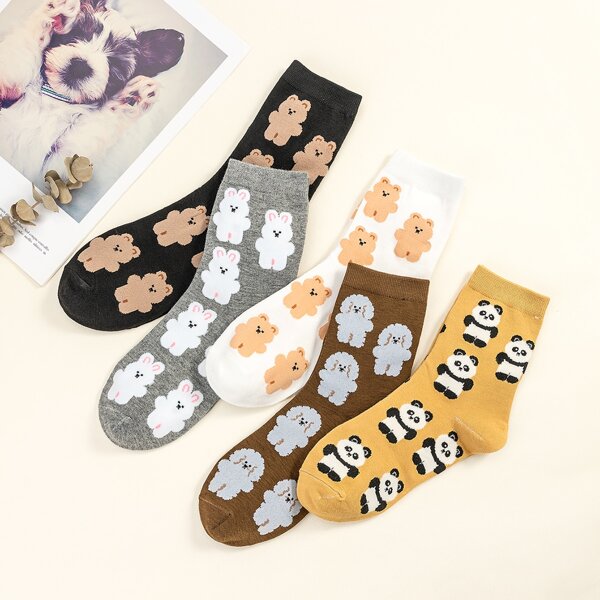 

5pairs Cartoon Animal Graphic Crew Socks, Multicolor