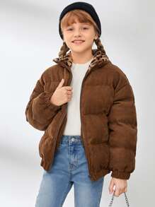 SHEIN Áo khoác đệm nhung kẻ họa tiết da báo cổ Borg cho bé gái tuổi mới lớn - màu nâu - Xem 1