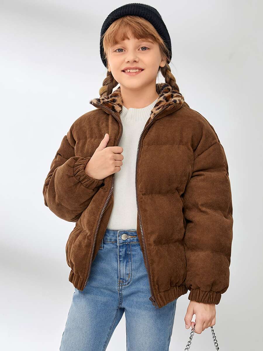 SHEIN Áo khoác đệm nhung kẻ họa tiết da báo cổ Borg cho bé gái tuổi mới lớn - màu nâu - Xem 1