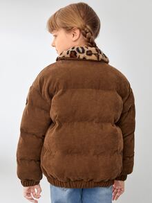 SHEIN Áo khoác đệm nhung kẻ họa tiết da báo cổ Borg cho bé gái tuổi mới lớn - màu nâu - Xem 2