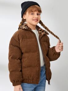 SHEIN Áo khoác đệm nhung kẻ họa tiết da báo cổ Borg cho bé gái tuổi mới lớn - màu nâu - Xem 3