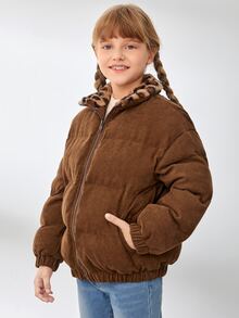 SHEIN Áo khoác đệm nhung kẻ họa tiết da báo cổ Borg cho bé gái tuổi mới lớn - màu nâu - Xem 4