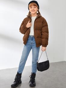 SHEIN Áo khoác đệm nhung kẻ họa tiết da báo cổ Borg cho bé gái tuổi mới lớn - màu nâu - Xem 6