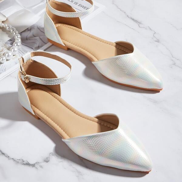 

Point Toe Ankle Strap Flats, White