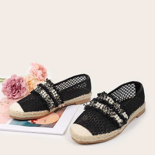 

Faux Pearl Decor Espadrille Flats, Black