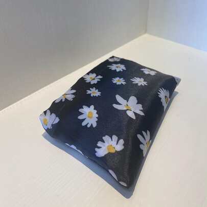 1pc Foldable Shoulder Tote Bag, Daisy Print Portable Shopping Bag, Reusable Large Capacity Bag