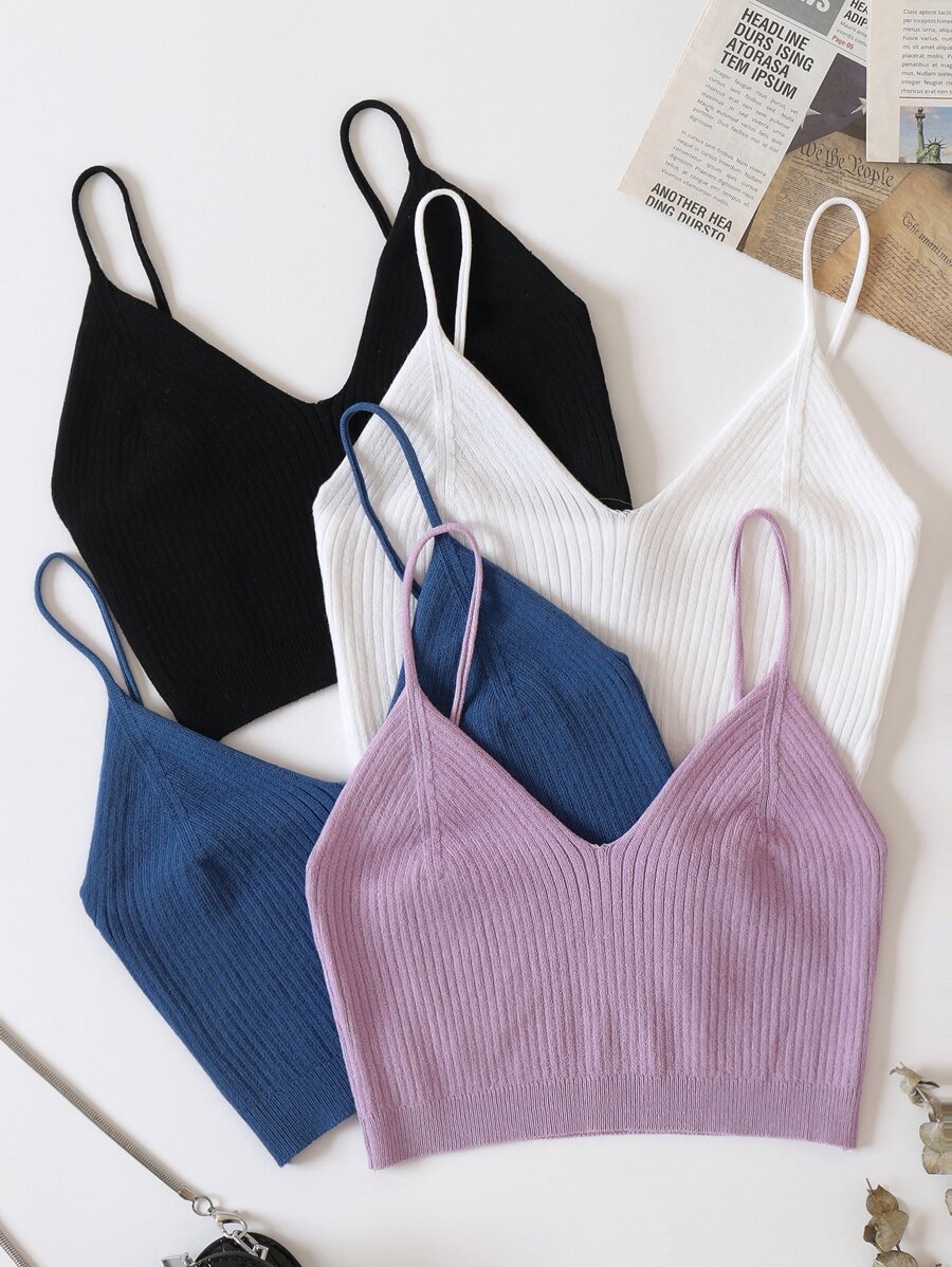 INAWLY 4pcs Solid Crop Knit Top - Multicolor - View 1