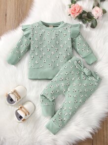 Floral Print Ruffle Trim Sweatshirt & Bow Front Trousers - Mint Green - View 1